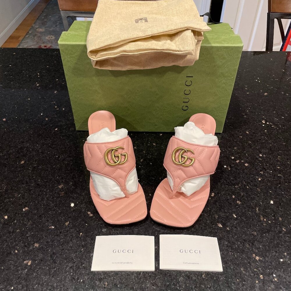 Gucci Marmont Double G Chevron GG Logo Pink Thong Mule Kitten Sandals US 7.5